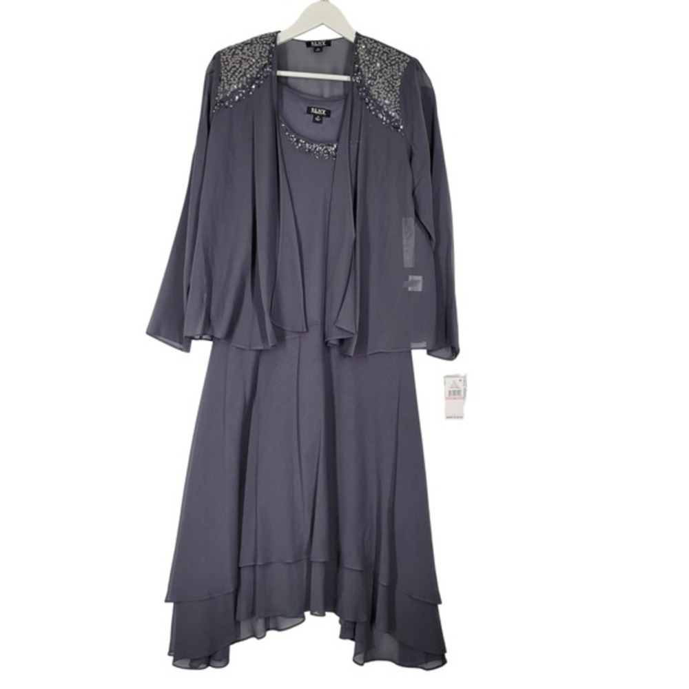 SLNY Womens 2 Piece Beaded Midi Dress Jacket Set Steel Gray 116184 Size 10 NEW